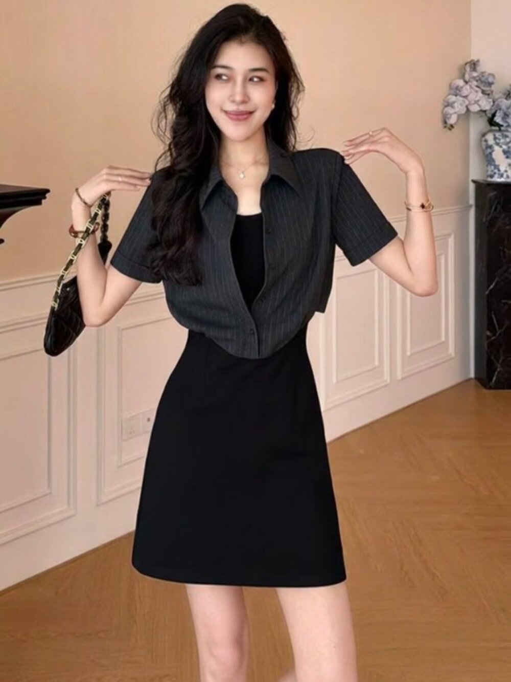Faux Two-Piece A-Line Pinstripe Short Sleeve Mini Dress Black/Grey L / Asian 2XL